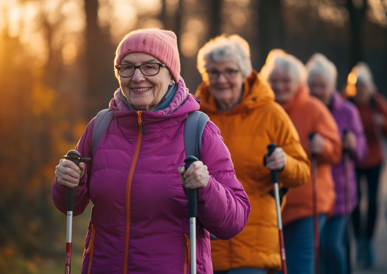 Група пенсіонерів на занятті скандинавською ходьбою